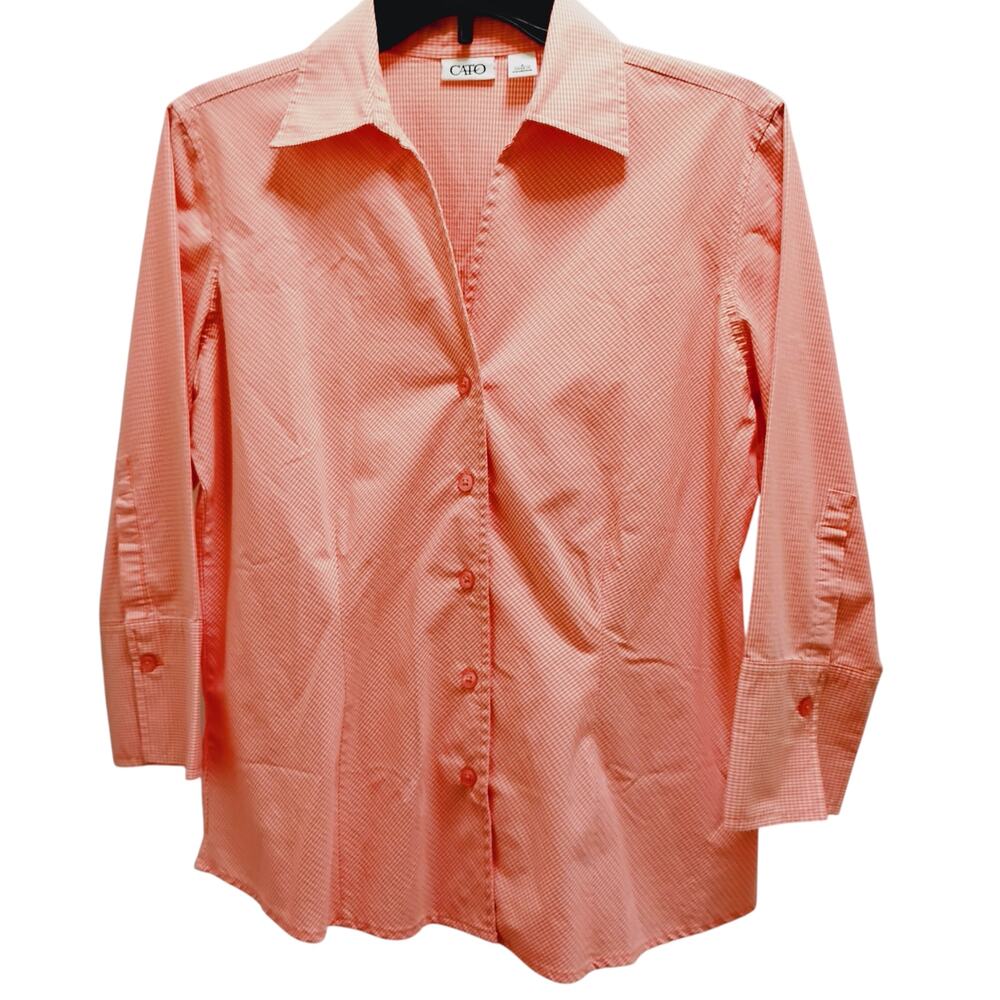 Orange White Check Button Down Blouse Shacket Small 3/4 Sleeve Cottom Blend Cato